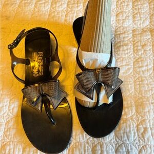 Salvatore Ferragamo Black Patent Bow Thong Sandals
